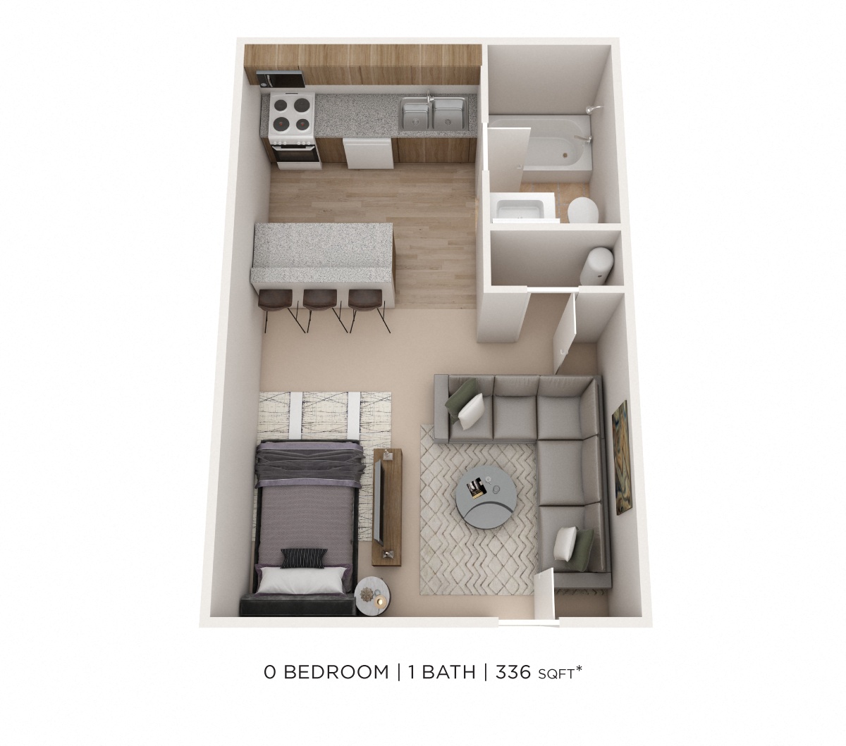 Floor plan for studio, 1 bath, 336 sqft